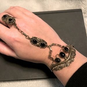 Statement Bracelet Hand Chain Onyx and Silver Leaf Motif Gothic Vintage Sterling
